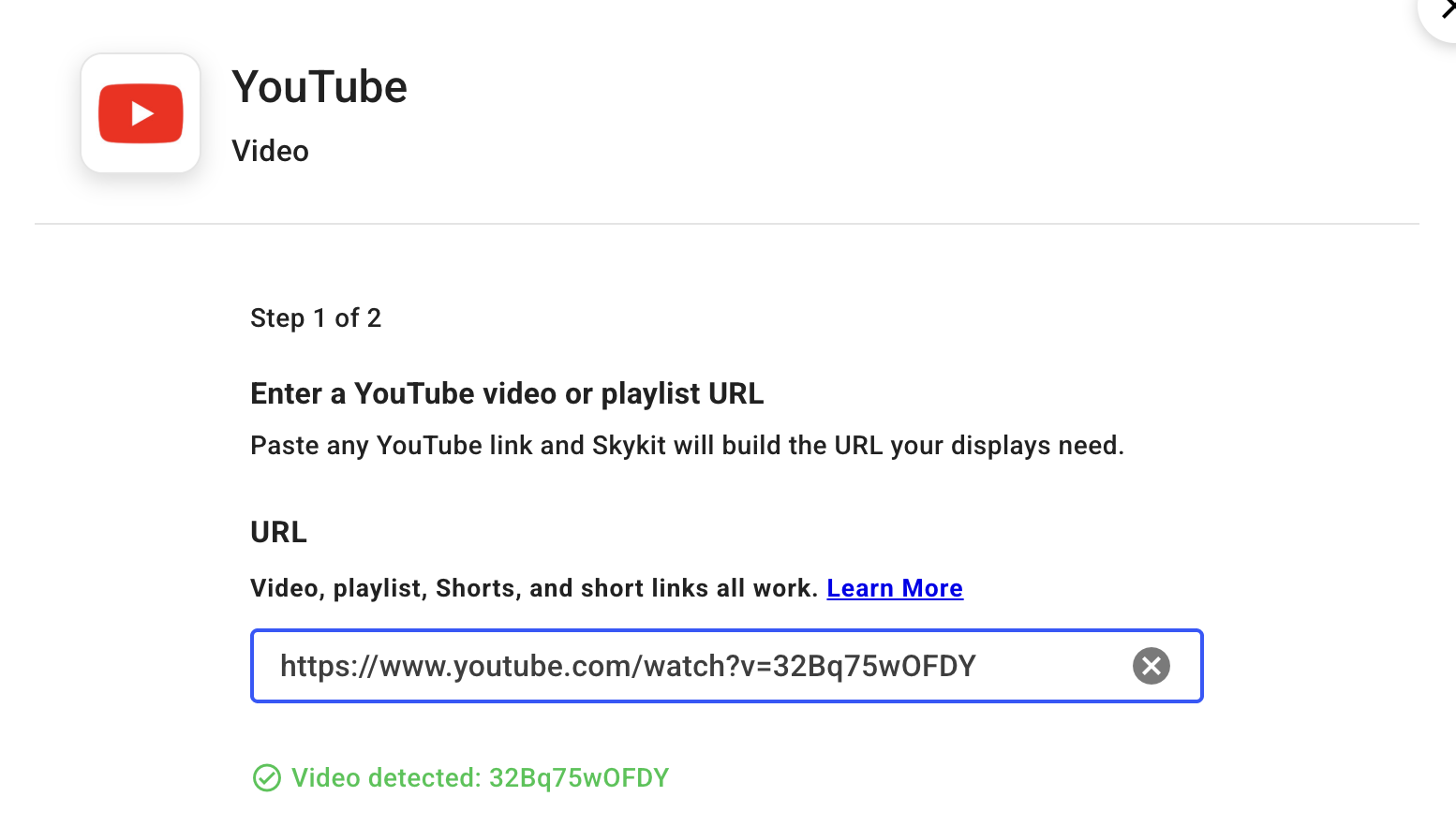 YouTube video URL entry interface with instructions for pasting links.